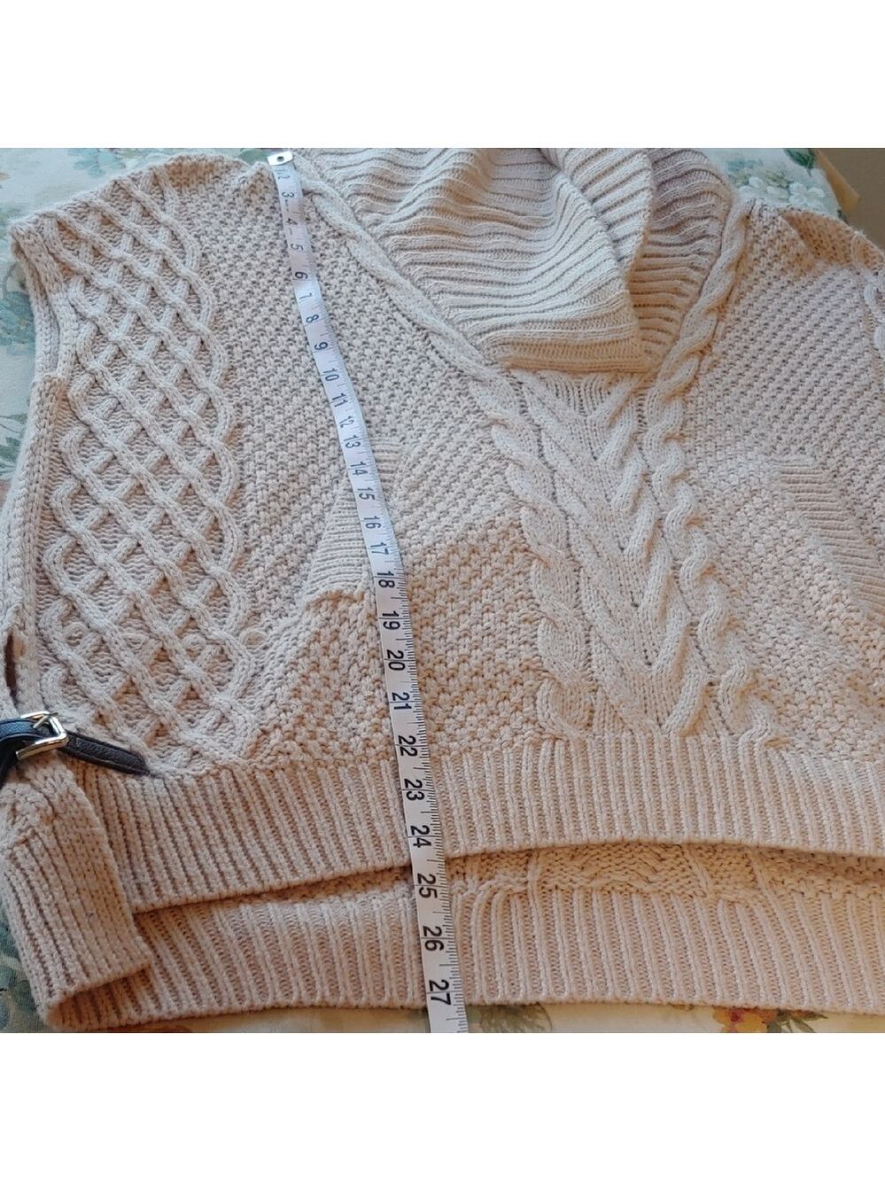 Saks Fifth Ave Wool Blend Cream Cable Knit Cowl Sweater with Side Belts Small - Picture 13 of 16